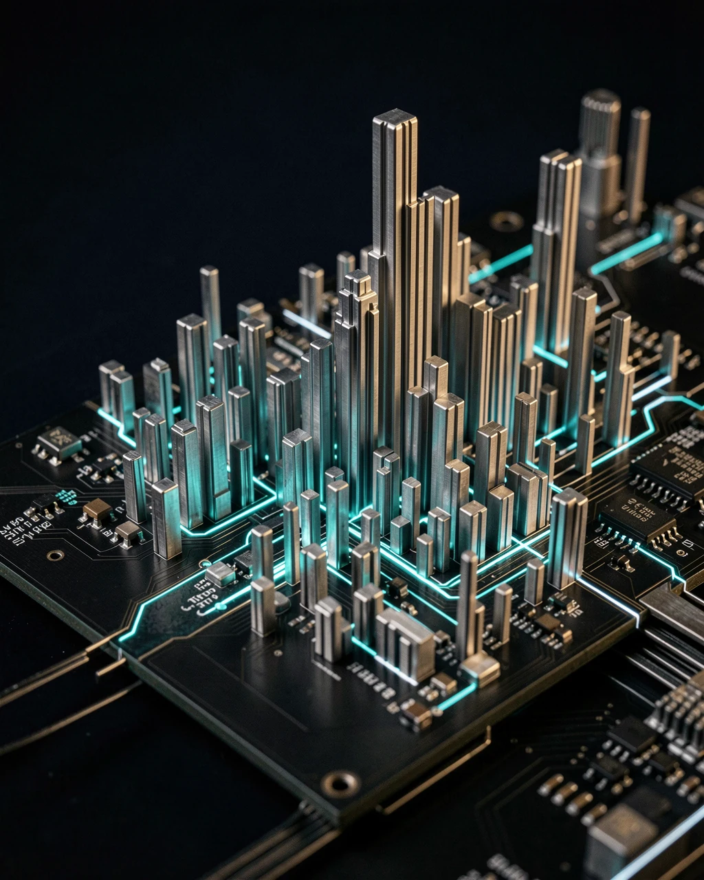 Concept artwork: a city of precision metal towers built on a circuit board, connected by cyan light