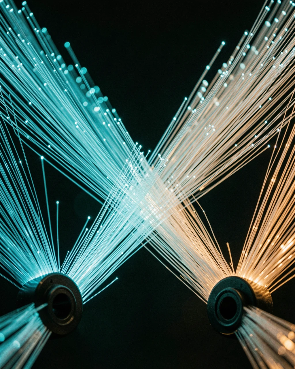 Concept artwork: interwoven cyan and amber optical fibers carry light between two connected systems